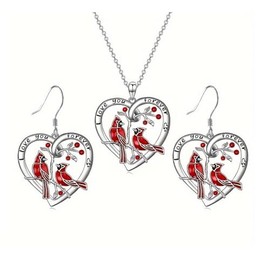 Red Cardinal Necklace Earrings Set Red Bird Cardinal Heart Charm Memorial Pendant Jewelry Gifts for Women, Zinc, No Gemstone