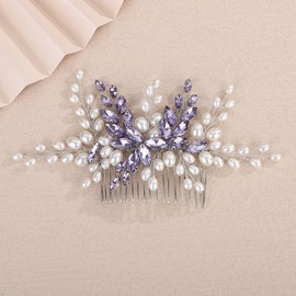 Teyglen Pearl Bride Wedding Hair Comb Bridal Purple Rhinestone Pearl Hair Comb for Party Prom Wedding Hair Accessories for Women Handmade Crystal Hair Piece Headpiece (Purple)