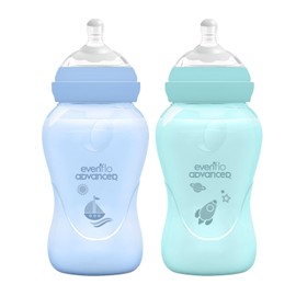 Evenflo Advanced Biberones Anticólicos Cuello Ancho, Azul y Teal, Flujo Medio, 270ml, Silicón Libre de BPA, Sistema Doble Válvula, 2 Piezas