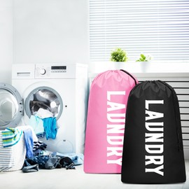 2 Pack XL Travel Laundry Bag, Machine Washable Dirty Clothes Organizer, Large Enough to Hold 4 Loads of Laundry, Easy Fit a Laundry Hamper (Black + Pink)