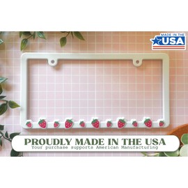 Cute Pink Strawberry License Plate Frame for Women by Spiffy Accessories | White Kawaii License Plate Cover | Aesthetic Boho Tag Holder for Cars | Great Gift for New Car Owner | Made in The USA