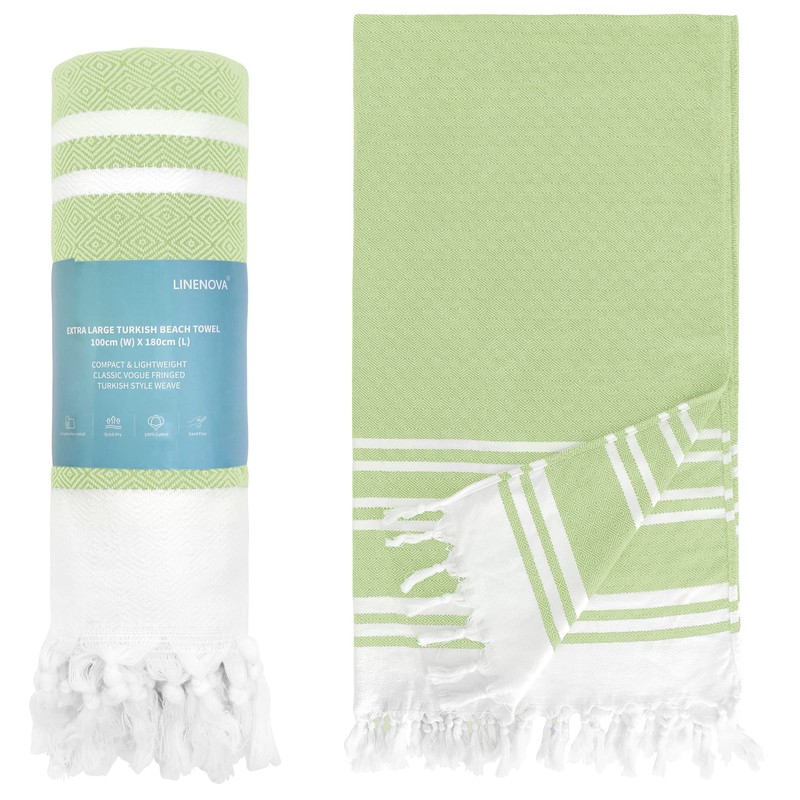 LINENOVA 100% Cotton Turkish Beach Towel 180x100cm, Sand Free Quick