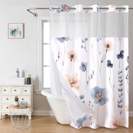 Cortinas de ducha florales sin gancho con forro a presión para baño, doble capa estilo hotel con ventana superior de malla transparente, cortina de baño de tela de flores azul beige para decoración