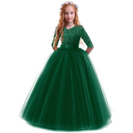 IBTOM CASTLE Girls Embroidery Tulle Lace Bridesmaid Dress Long A Line Wedding Pageant Dresses Birthday Party Formal Dance Evening Gown Dark Green 7-8 Years
