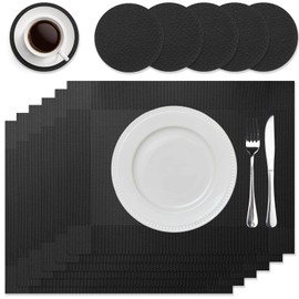HEYOMART Placemats and Coasters Sets of 6, PVC Vinyl Table Mats Non-Slip Heat Resistant Washable Dinner Mats Place Mats for Kitchen Dining Table Home Restaurant, Black
