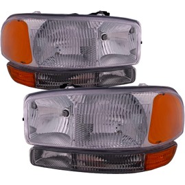 HEADLIGHTSDEPOT Headlights Compatible with GMC Sierra 1500 HD 2500 3500 Yukon XL Chrome Housing Halogen 4-Piece Set w/Park Signal Lights Includes Driver and Passenger Side