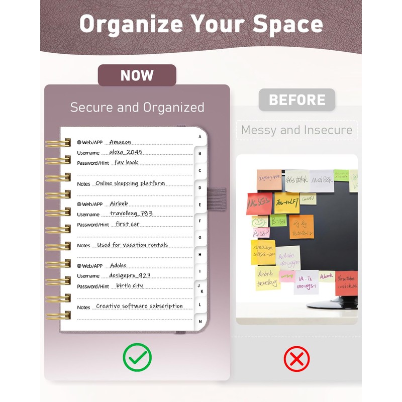 WEMATE Spiral Password Book with Alphabetical Tabs, Small, for Seniors,