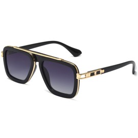 Long Keeper Retro Square Sunglasses for Men Women Classic Pilot Sunglasses Vintage Style Metal Square Frames Anti UV400 Sun Glasses Unisex (Black Gold, Grey Gradient)