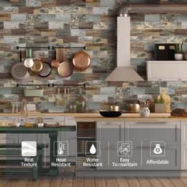 Yipscazo Peel and Stick backsplash 3 x 6 Inches 3D PVC Composite Wall Tile Stick on Backsplash Tile for Kitchen Bathroom, Laundry Room, Fireplace(Retro Rustic, 100 Pieces)