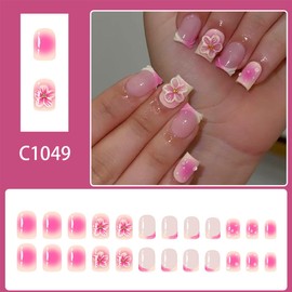 3D Flower Press on Nails Short Square French Tip Fake Nails with Designs Summer Nails Kit Flowers Acrylic Nail Tips False Nails Cute Stick on Nails Full Cover Artificial Glue on Nails for Women 24Pcs