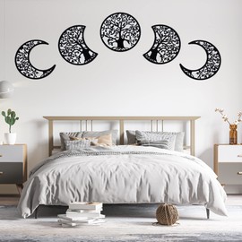 Kitroce 5 Pcs Black Tree of Life Wall Art Wall Hanging,Moon Decor Wooden Moon Phase Wall Decor ,Bohemian Style Bedroom Home Wall Decor, Bohemian Above Bed Wall Decor For Bedroom Living Room Dorm
