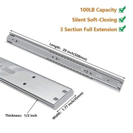 LONTAN Soft Close Drawer Slides 20 Inch Heavy Duty Ball Bearing Dresser Drawer Glides- 1 Pair Full Extension Cabinet Rails with Rear Mounting Brackets 100lb Capacity