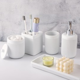 XLHOMO Resin White Bathroom Accessories Set 5 Pcs, Lotion Soap Dispenser, Toothbrush Holder, Bathroom Tumbler, Qtip Holder and Vanity Tray, Bathroom Countertop Organizer Set for Modern Home Apartment