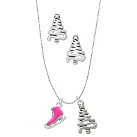 Delight Jewelry Silvertone 3-D Hot Pink Ice Skate Silvertone Zig Zag Christmas Tree Charm Necklace and Stud Earrings
