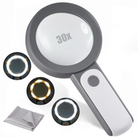 Lupa de Mano con Luz LED,Lupa de Lectura 30x, Joyas, Manualidades, Pasatiempos, para Personas Mayores, Lectura, reparación de Relojes. (Gris Blanco)