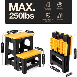 Flottian Folding 2 Step Stools,8" & 17" Dual Heights,Foldable Step Stool for Adults and Kids,Hold up to 250lbs,Collapsible Step Stool for Kitchen Bedroom Office Bathroom RV, Yellow