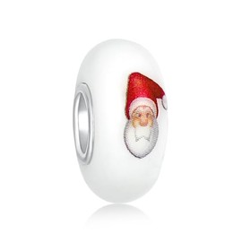 White Red Murano Glass Holiday Christmas Santa Claus Bead Charm For Women For Teen .925 Sterling Silver Fits European Bracelet
