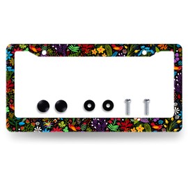 Folk Flowers License Plate Frame Colorful Flower License Plate Holder for Front and Rear Car Tags Stainless Steel Funny License Plate Cars Auto Parts Decoration 6.3 X 12.2 Inch