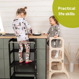 Ette Tete STEP'n'SIT® • Montessori Helper Tower - Table • Convertible Step Stool 2-in-1 with Support Legs (with Silver Clasps, White)