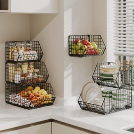 X-cosrack 3-Tier Stackable Wire Baskets for Pantry Organization and Storage, Kitchen Counter Basket for Potato Onion Storage, Fruit and Vegetable Storage Basket, Metal Baskets for Snack Produce Cans