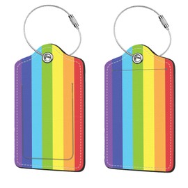 2 Pcs Luggage Tags for Suitcases, PU Leather Cruise Ship Luggage Tags with Privacy Cover Label Address Card and Durable Metal Ring Suitable for Men Women Handbags Backpacks SchoolBags,Rainbow Stripes