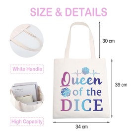 FUSTMW Dice Tote Bag Gifts for Dice Lovers Dice Game Gifts Queen of The Dice Reusable Canvas Grocery Shoulder Shopping Tote, Dice Tote, Large