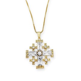 Nazareth Store 18k Yellow Gold Plated Crusaders Jerusalem Cross Pendant with Crystallized Topaz and 20" Necklace Chain (Clear Topaz)