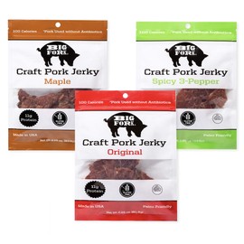 Craft Pork Jerky Variety Pack, Paleo and Keto Friendly Bacon Jerky, Low Carb Meat Snacks with 11g Protein and 100 Calories, Gluten Free Snack, 3 X 2.25 oz bag - Big Fork