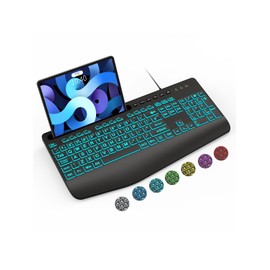 SABLUTE K21 Pro Large Print Backlit Keyboard, Wired USB Computer Keyboards with 7-Colors Backlight, Wrist Rest, Phone Holder, Oversized Letter Keys Easy to See and Type for Laptop, PC, Windows, Black