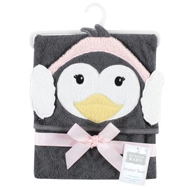 Hudson Baby Unisex Baby Cotton Animal Face Hooded Towel, Earmuff Penguin, One Size