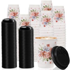 Lyellfe 80 Pack Disposable Coffee Cups with 100 Lids, 12 Oz To Go Coffee Cups, Durable Insulated Hot Drink Paper Cups for Office, Wedding Reception, Iced Coffee, Floral Theme