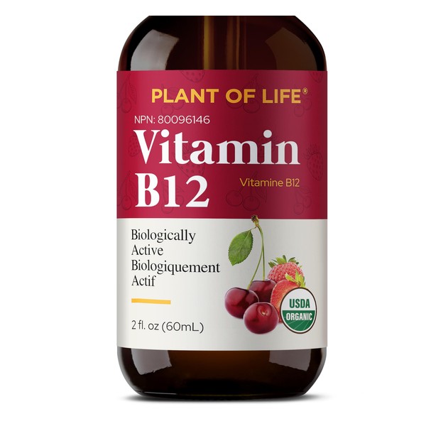 Vitamin B12 Organic Liquid Drops by Plant of Life | Maximum Strength Bioactive Methyl 5000mcg | Support Energy, Mood, and Memory | Non-GMO, Strawberry & Cherry Flavored (1 oz (30mL))