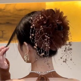 iRIIRIO 1pc Large Hair Claw Clips with Oversized Floral Bows Beaded Tassel Pearls Hair Clips Accessroies for Women Girls Thick Hair (Brown)