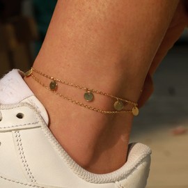 BERISO Ankle Bracelets for Women 14k Gold Plated Dainty Initial Anklets for Women Adjustable Size