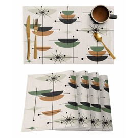 Washable Placemats Set of 4, Retro Bohemian Pattern Place Mat Navy Blue Color Block on Linen Kitchen Dining Table Mats for Indoor Outdoor Party Decor