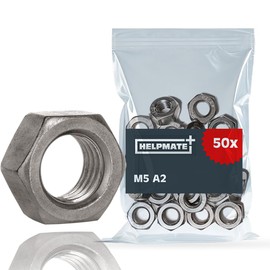 HELPMATE M5 Hexagon Nut DIN 934 - A2 Stainless Steel - Pack of 50 - Nuts for Outdoor and Indoor Use