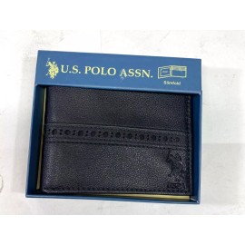US POLO ASSN Black Leather Logo Embossed Slim Fold Wallet Men's NIB