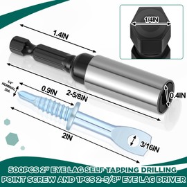 MorningRo 500 Pcs 2" Eye Lag Self Tapping Drilling Point Screw Zinc and 1pcs 2-5/8" Driver, Sturdy Eye Lag Self Drill Screw for Accommodates Jack Chain Ceiling Wire or Threaded Rod
