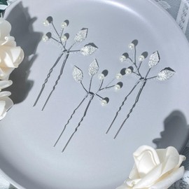 CASLOLVX Bride Hair Piece Wedding Pearl Hair Pins Leaf Pearl Hair Pin Gold Leaves Hair Pins Handmade Wedding Hair Accessory for Bride and Women (3PCS) (Silver)