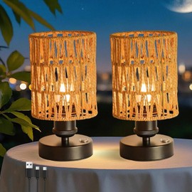 Lámpara de Mesa Inalámbrica para Interior y Exterior, Lampara de Noche de Recargable, Regulación Táctil, Pantalla Tejida a Mano,Lámpara de Cabecera para Restaurante y Dormitorios (2 piezas, Beige)