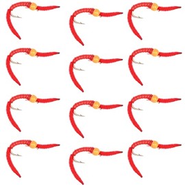 The Fly Fishing Place Trout Nymph Fly - San Juan Worm Power Bead One Dozen Orange Bead Red V-Rib Hook Size 14 - Set of 12 Nymph Wet Flies