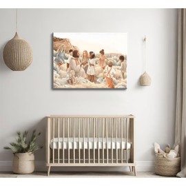 Framed Jesus With Children Canvas Wall Art For Such is the Kingdom Christian Kids Room Print Nursery Painting Jesus Christ With Baby in The Garden Picture Boy Girl Watercolor Wall Decor 16x24in