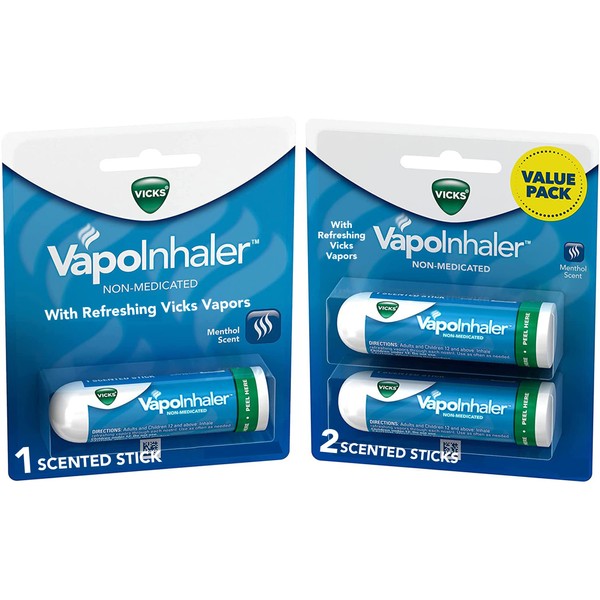 Vicks VapoInhaler, On-the-Go Portable Nasal Inhaler, Non-Medicated, With Refreshing Vicks Vapors, Menthol Scent , 3 Scented Sticks