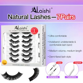 AILAISHI Wispy False Eyelashes Kit With Bond, Seal and Tweezer, 7 Pairs Natural Look Fake Cat Eye Lashes Strips Thin Band Extensions Waterproof Easy Eyelashes for Beginners DF100