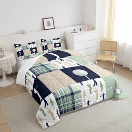 Castle Fairy Golf Plaid Comforter Set King Size,Ball Sports Lover Style Bedding Set All Season Quilt Set,Green Buffalo Grid Geometric Microfiber Polyester Down Comforter