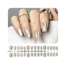 JODSONE 30PCS Light Brown Cat Eye Fake Nails Set Acrylic Short Square Press on Nails Reusable Magnetic Soft Gel Stick on Nails for Women Shimmer Glossy