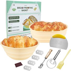 Silicone Bread Proofing Basket, 9 Inch Round & 10 Inch Oval Foldable Silicone Sourdough Baking Basket, Bread Making Supplies Tools, Banneton Basket Gift Set - Color: Beige