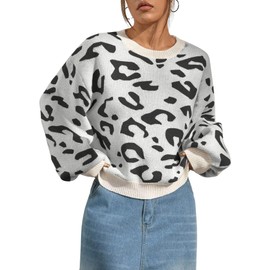 SHENHE Women's Vintage Leopard Print Crew Neck Drop Shoulder Loose Knit Pullover Sweater Black and White Large