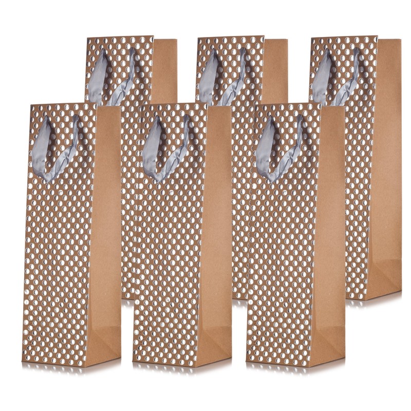 JUVITUS Kraft Wine Bottle Gift Bags with Metallic Embossed Polka