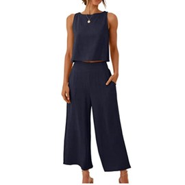 Meyhad Womens Cotton Linen 2 Piece Outfits Crop Tank Tops Wide Leg Pants Set Casual Lounge Sets(0350-NavyBlue-L)